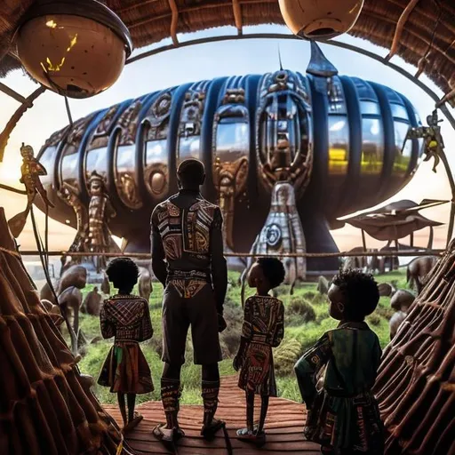 Prompt: A Zulu men with his children inside an airship Zulu hut house, in a future times, with Esther Mahlangu design ai robots they are looking outside the large Windows of the 27 storey flat watching flying car's traffic through tall buildings, futuristic earth scenes super realism masterpieces, utopia year 2035