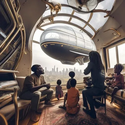 Prompt: A middle aged Zulu men with his grand children inside an airship  house, in a future times, they are looking outside the large Windows of the 27 storey flat, watching flying  car's traffic through tall buildings, futuristic scenes super realism masterpieces, utopia year 2035