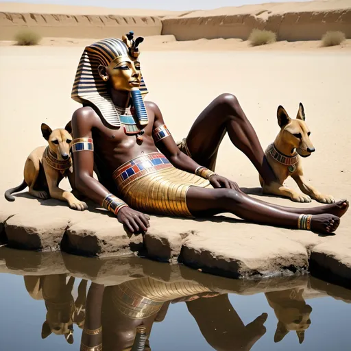 Prompt: The boy king Tutunkhamun lying on his stomach, drinking water from a pond, 2 armed bodyguards  at his rear side with his royal hound
 super realism Ndebele renditions