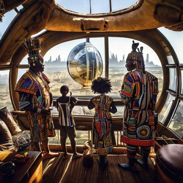 Prompt: A Zulu men with his children inside an airship Zulu hut house, in a future times, with Esther Mahlangu design ai robots they are looking outside the large Windows of the 27 storey flat watching flying car's traffic through tall buildings, futuristic earth scenes super realism masterpieces, utopia year 2035