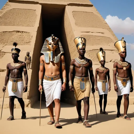 Prompt: The boy king Tutunkhamun and his queen Ankhsuamun at the pyramids and sphinx, escorted by officials, super realism 
Zulu  renditions