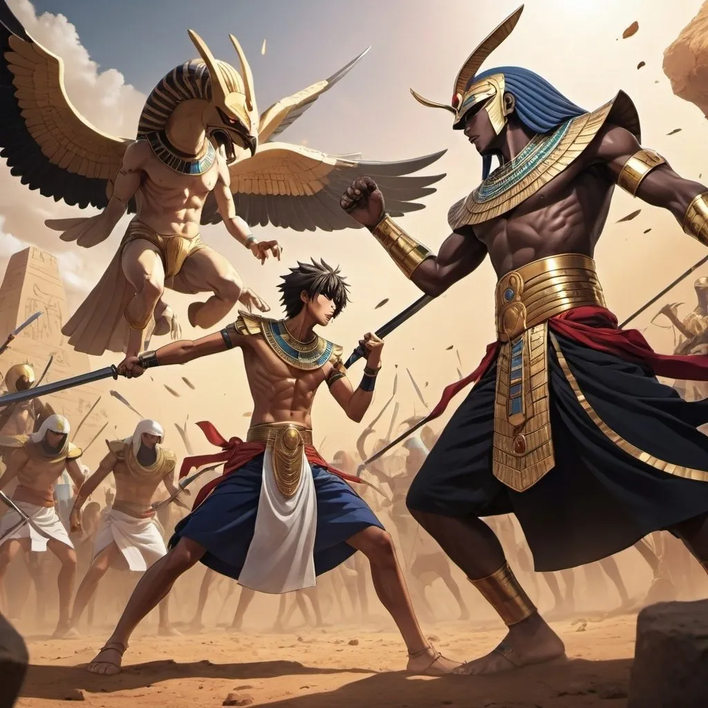 Prompt: Anime  characters in an epic battle scenes fighting enemies, Egyptian renditions