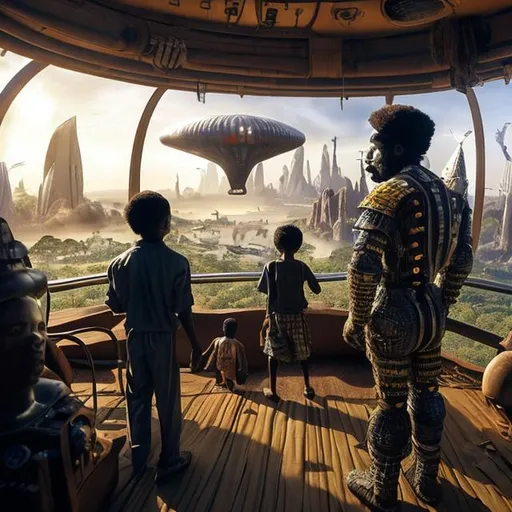 Prompt: A Zulu men with his children in different situation setting, inside an airship Zulu hut house, in a future times, with Zulu design ai and AGI robots, they are looking outside the large Windows of the 27 storey flat watching flying  car's traffic through tall buildings, futuristic earth civilization  scenes super realism masterpieces, utopia year 2035