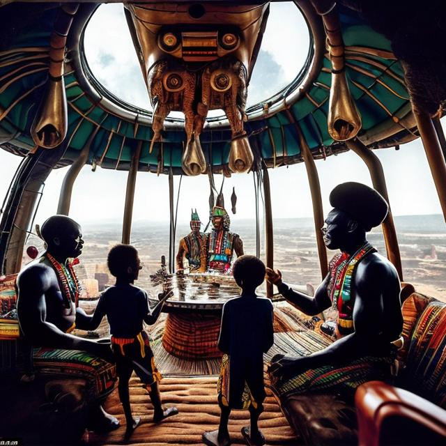 Prompt: A Zulu men with his children inside an airship Zulu hut house, in a future times, with Esther Mahlangu design ai robots they are looking outside the large Windows of the 27 storey flat watching flying car's traffic through tall buildings, futuristic earth scenes super realism masterpieces, utopia year 2035