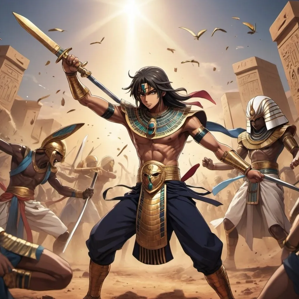 Prompt: Anime  characters in an epic battle scenes fighting enemies, Egyptian renditions