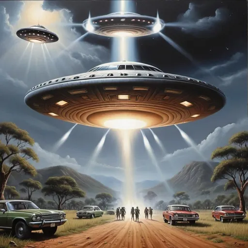 Prompt: Ufo invasion, Zulu renditions, super realism, masterpieces