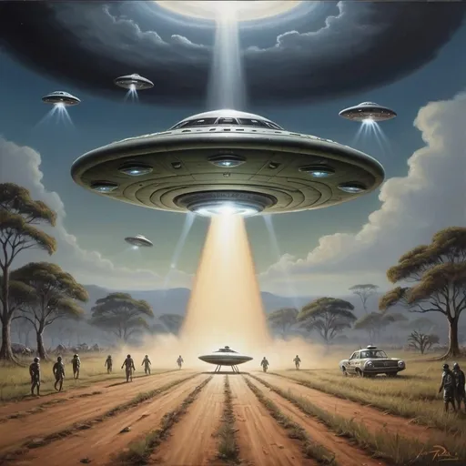 Prompt: Ufo invasion, Zulu renditions, super realism, masterpieces