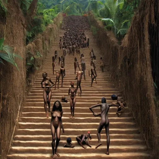 Prompt: Marcel Dutchamp, nudes descending a staircase, Massai rendition, super realism