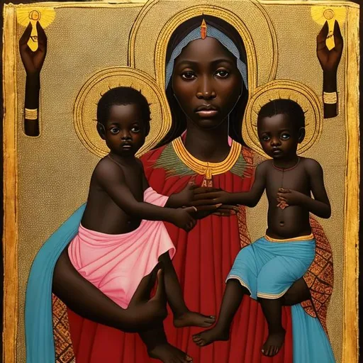 Prompt: The Virgin and Child Massai rendition, super realism