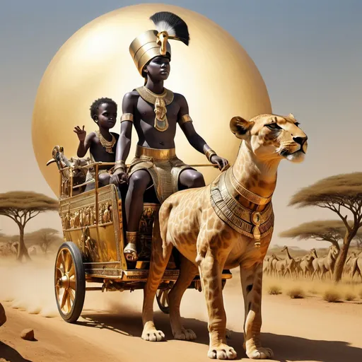 Prompt: The boy king Tutunkhamun on his golden chariot and his great dame, hunting lions and giraffes, super realism Zulu rendition