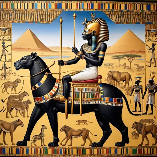 Prompt: The boy king Tutunkhamun on his golden chariot with his great dame, hunting lions, giraffes and wild animals along the Nile river, super realism Ndebele rendition masterpieces