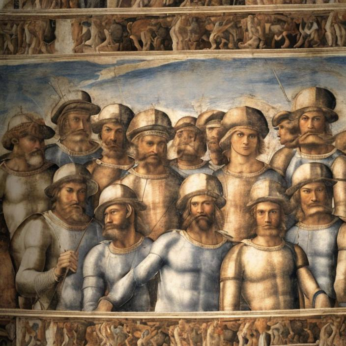 Prompt: Andrea Mantegna, Ceiling of the Camera degli Sposi, 1474. Fresco Zulu rendition super realism