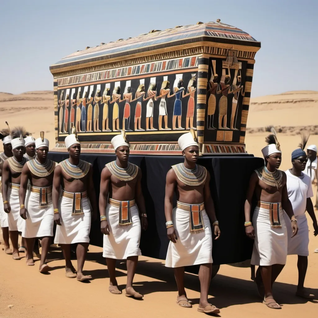 Prompt: The funeral procession with the sarcophagus of king Tutunkhamun, super realism Ndebele renditions