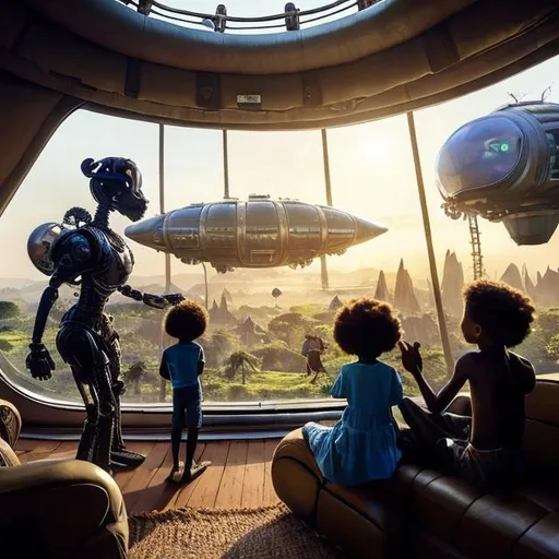 Prompt: A Zulu men with his children inside an airship Zulu hut house, in a future times, with Zulu design ai and AGI robots, they are looking outside the large Windows of the 27 storey flat watching flying  car's traffic through tall buildings, futuristic earth scenes super realism masterpieces, utopia year 2035