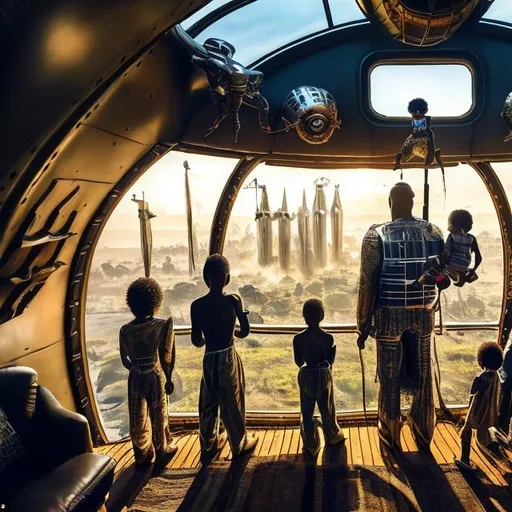 Prompt: A Zulu men with his children inside an airship Zulu hut house, in a future times, with Zulu design ai and AGI robots, they are looking outside the large Windows of the 27 storey flat watching flying  car's traffic through tall buildings, futuristic earth scenes super realism masterpieces, utopia year 2035