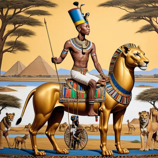 Prompt: The boy king Tutunkhamun on his golden chariot with his great dame, hunting lions, giraffes and wild animals along the Nile river, super realism, Esther Mahlangu renditions