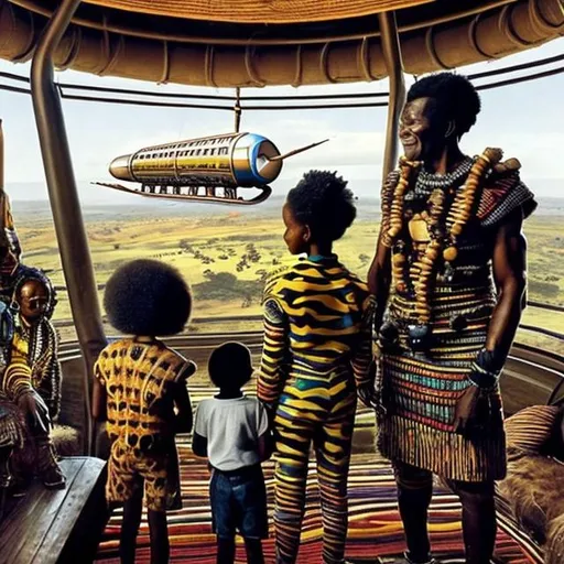 Prompt: A Zulu men with his children inside an airship Zulu hut house, in a future times, with Esther Mahlangu design ai robots they are looking outside the large Windows of the 27 storey flat watching flying car's traffic through tall buildings, futuristic earth scenes super realism masterpieces, utopia year 2035