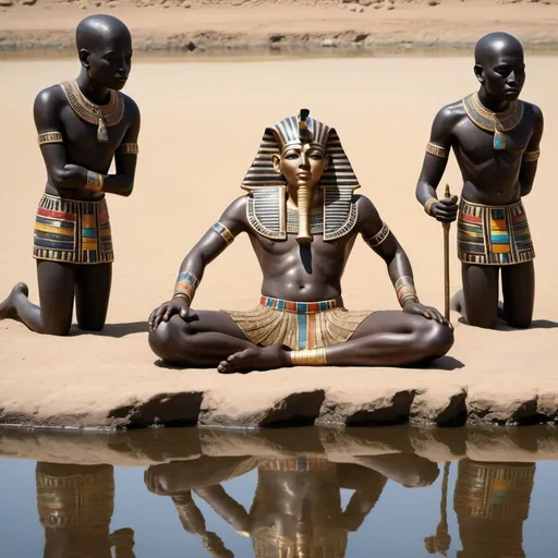 Prompt: The boy king Tutunkhamun lying on his stomach, drinking water from a pond, 2 armed bodyguards  at his rear side, super realism Ndebele renditions