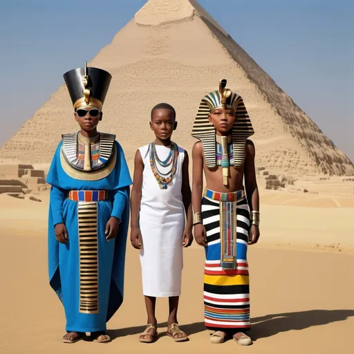 Prompt: The boy king Tutunkhamun and his queen Ankhsuamun at the pyramids and sphinx, escorted by officials, super realism 
Esther Mahlangu renditions