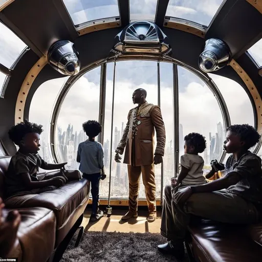 Prompt: A Zulu men with his children inside an airship  house, in a future times, they are looking outside the large Windows of the 27 storey flat, watching flying  car's traffic through tall buildings, futuristic scenes super realism masterpieces, utopia year 2035