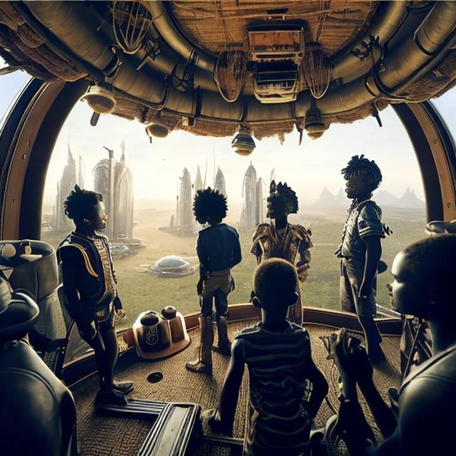 Prompt: A Zulu men with his children in different situation setting, inside an airship Zulu hut house, in a future times, with Zulu design ai and AGI robots, they are looking outside the large Windows of the 27 storey flat watching flying  car's traffic through tall buildings, futuristic earth civilization  scenes super realism masterpieces, utopia year 2035