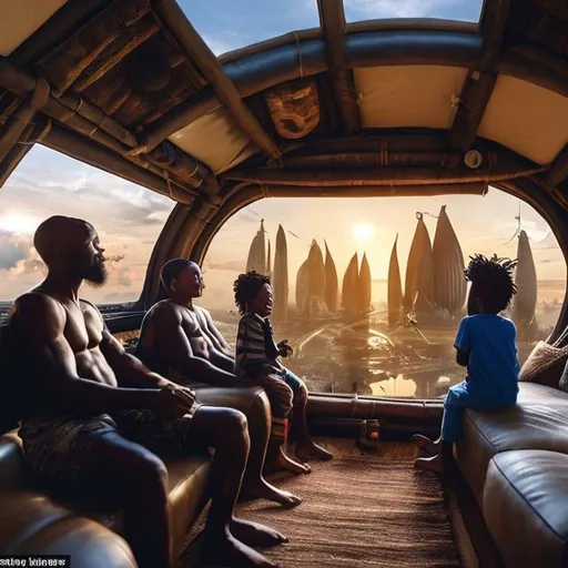 Prompt: A Zulu men with his children inside an airship Zulu hut house, in a future times, they are looking outside the large Windows of the 27 storey flat watching flying  car's traffic through tall buildings, futuristic earth scenes super realism masterpieces, utopia year 2035