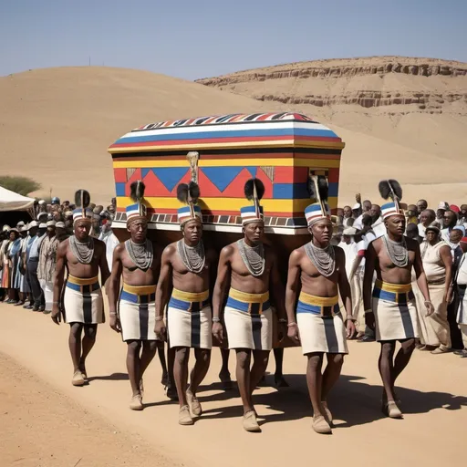 Prompt: The funeral procession with the sarcophagus of king Tutunkhamun, super realism Esther Mahlangu renditions