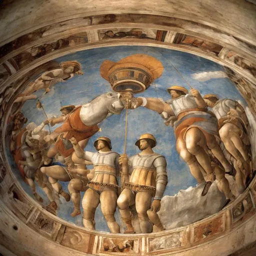 Prompt: Andrea Mantegna, Ceiling of the Camera degli Sposi, 1474. Fresco Zulu rendition super realism