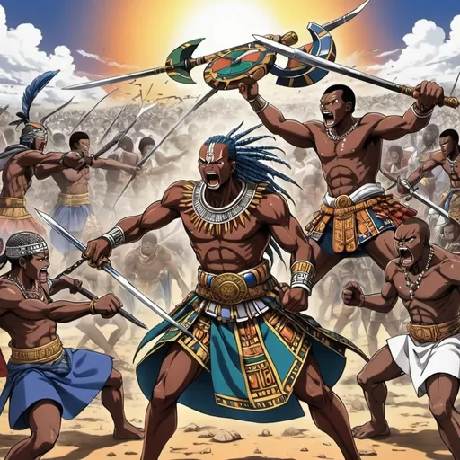 Prompt: Manga Anime epic battle scenes, Ndebele renditions