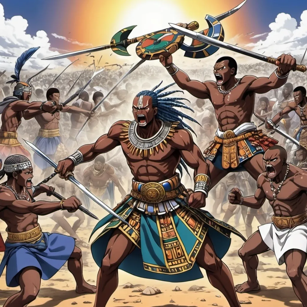 Prompt: Manga Anime epic battle scenes, Ndebele renditions