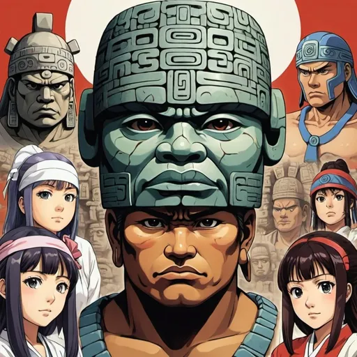 Prompt: Japanese Anime, olmec renditions