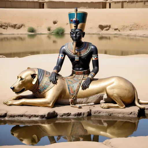 Prompt: The boy king Tutunkhamun lying on his stomach, drinking water from a pond, 2 armed bodyguards  at his rear side with his royal hound,
 super realism Ndebele renditions
