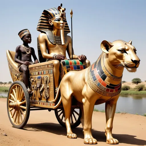 Prompt: The boy king Tutunkhamun on his golden chariot with his great dame, hunting lions, giraffes and wild animals along the Nile river, super realism Ndebele rendition masterpieces