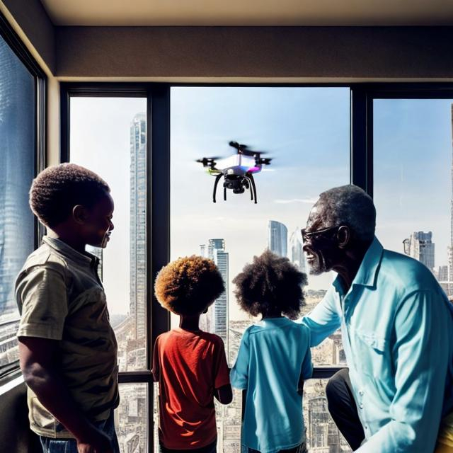 Prompt: A middle aged Zulu men with his grand children in a future times, they are looking outside the large Windows of the 27 storey flat, watching flying drone car's through tall buildings, futuristic scenes super realism masterpieces, utopia year 2035