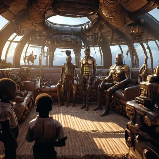 Prompt: A Zulu men with his children in different situation setting, inside an airship Zulu hut house, in a future times, with Zulu design ai and AGI robots, they are looking outside the large Windows of the 27 storey flat watching flying  car's traffic through tall buildings, futuristic earth civilization  scenes super realism masterpieces, utopia year 2035