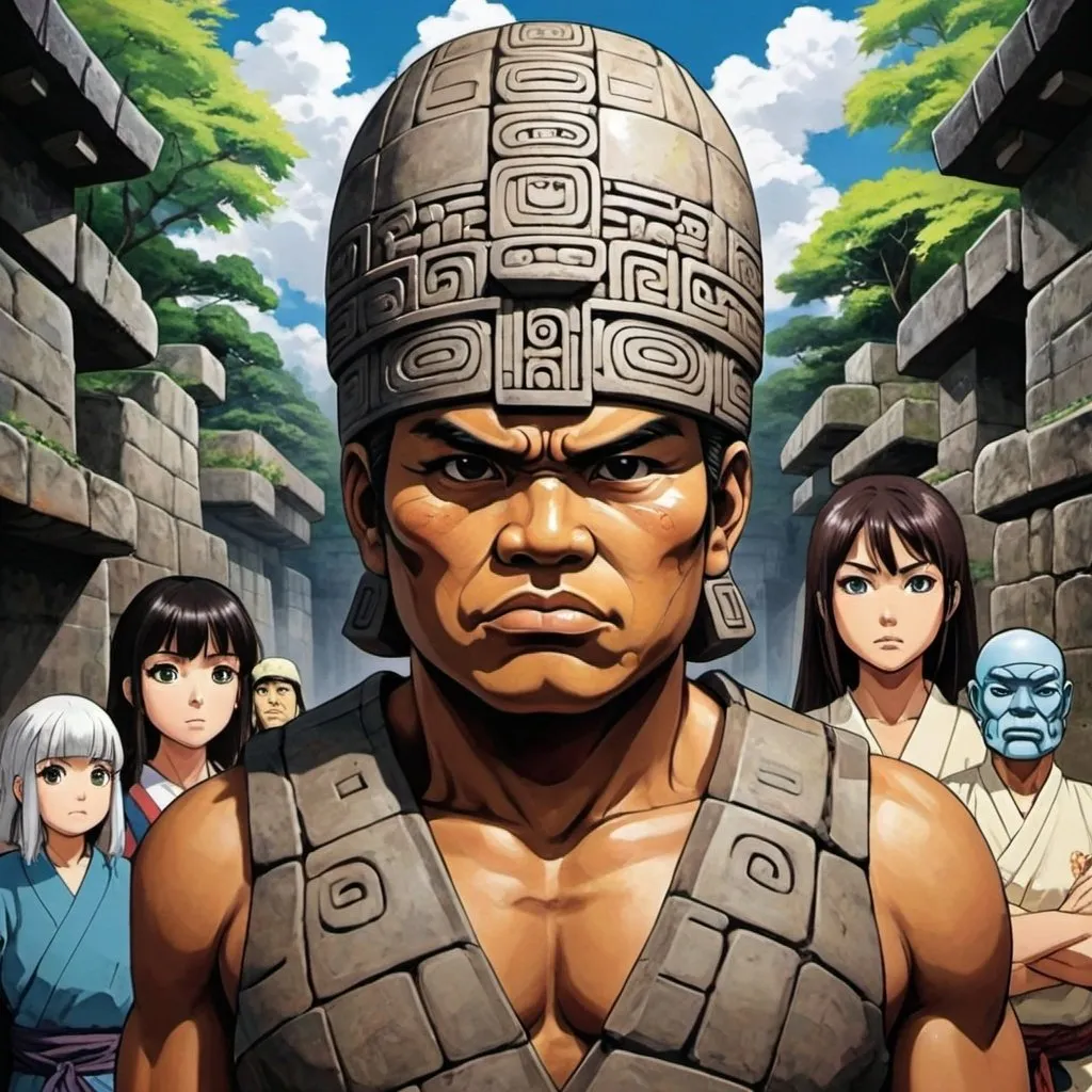 Prompt: Japanese Anime, olmec renditions