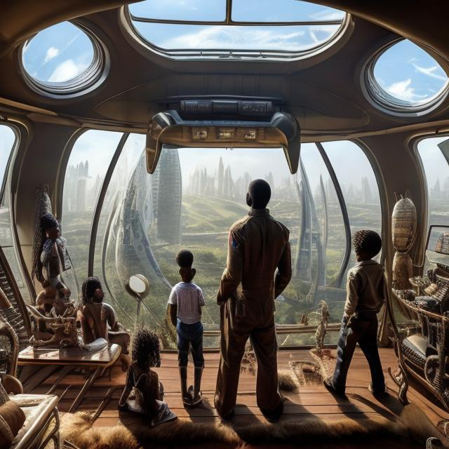 Prompt: A Zulu men with his children inside an airship Zulu hut house, in a future times, with Zulu design ai and AGI robots, they are looking outside the large Windows of the 27 storey flat watching flying  car's traffic through tall buildings, futuristic earth scenes super realism masterpieces, utopia year 2035