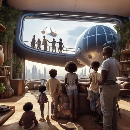 Prompt: A middle aged Zulu men with his grand children inside an airship  house, in a future times, they are looking outside the large Windows of the 27 storey flat, watching flying  car's traffic through tall buildings, futuristic scenes super realism masterpieces, utopia year 2035