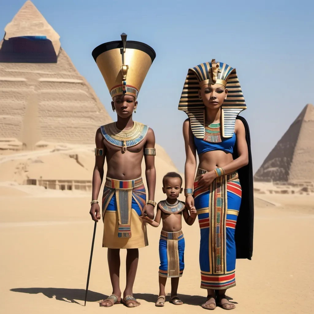 Prompt: The boy king Tutunkhamun and his queen Ankhsuamun at the pyramids and sphinx, escorted by officials, super realism 
Esther Mahlangu renditions