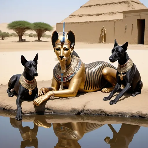 Prompt: The boy king Tutunkhamun lying on his stomach, drinking water from a pond, 2 armed bodyguards  at his rear side with his royal hound great dame,
 super realism Zulu renditions