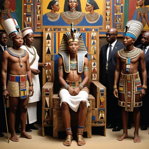 Prompt: The boy king Tutunkhamun and his queen Ankhsuamun at their court, surrounded by officials, super realism 
Esther Mahlangu renditions