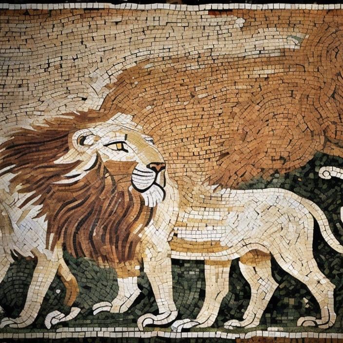 Prompt: Hunter, details of the lion Hunt Mosaic, Pella, C. 300 B.C. Pebble Mosaic Zulu rendition super realism