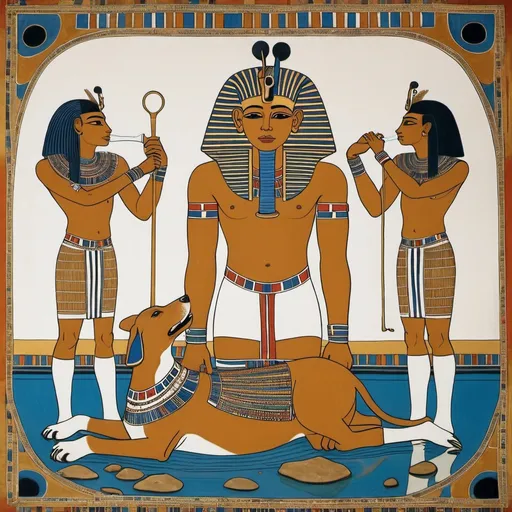 Prompt: The boy king Tutunkhamun lying on his stomach, drinking water from a pond, 2 armed bodyguards  at his rear side with his royal hound
 super realism Ndebele renditions