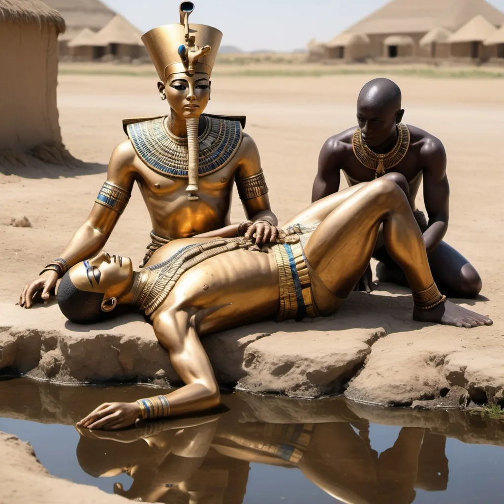 Prompt: The boy king Tutunkhamun lying on his stomach, drinking water from a pond, 2 armed bodyguards  at his rear side, super realism Zulu renditions