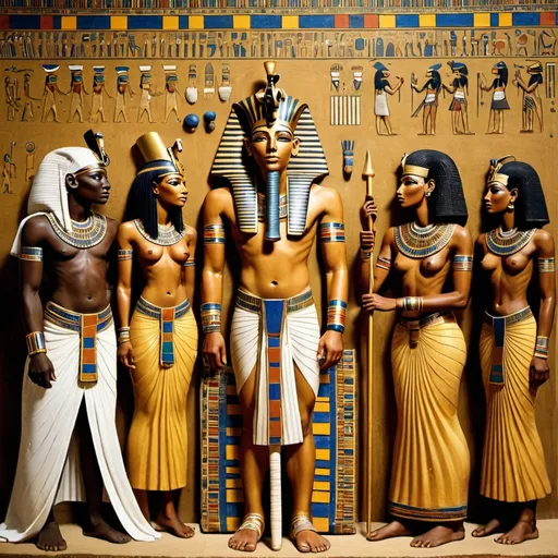 Prompt: The boy king Tutunkhamun and his queen Ankhsuamun at their court, surrounded by officials, super realism Ndebele renditions