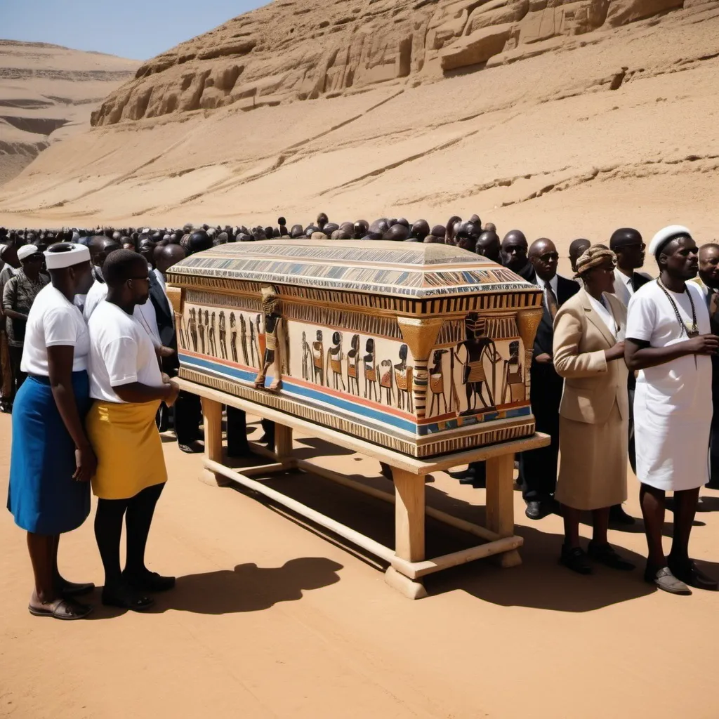 Prompt: The funeral procession with the sarcophagus of king Tutunkhamun, super realism Ndebele renditions