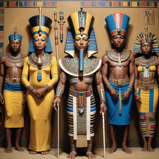 Prompt: The boy king Tutunkhamun and his queen Ankhsuamun at their court, surrounded by officials, super realism 
Esther Mahlangu renditions