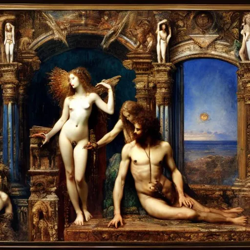 Prompt: Gustave Moreau, Jupiter and Semele super realism, Massai rendition