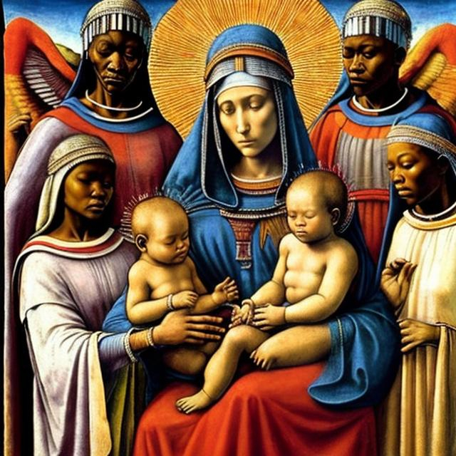 Prompt: Masaccio, Virgin and Child With Angels, 1426, Esther Mahlangu rendition super realism