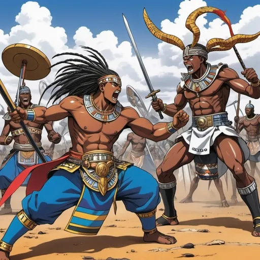 Prompt: Manga Anime epic battle scenes, Ndebele renditions